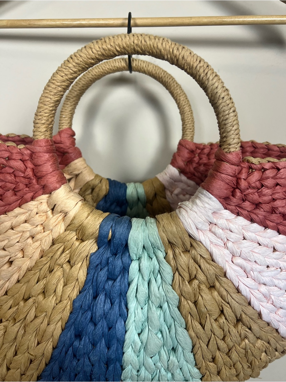 Roxy Salt Water Therapy Woven Beach Tote Bag Colorblock Round Handle Boho - Picture 6 of 8
